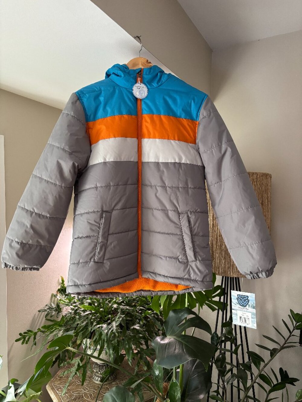 Whales Tail Boys Puffer Jacket Blue Orange White Grey Fleece Lined 14/16 NWT